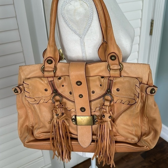 Mania genuine leather light caramel colored 3-section fringe shoulder tote bag - Picture 1 of 14